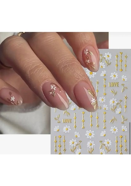 Gold Love Beyaz Çiçekli Tırnak Süsleme Stickerı Nail Art Süslemeleri