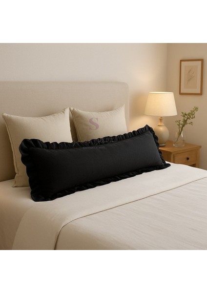 Fırfırlı Vintage Buldan Siyah Renk Iskandinav Uzun 40X100 Kırlent Yastık (Içi Dolgulu)
