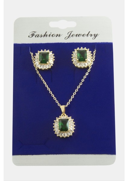 Dikdörtgen Zirkon Taşlı Set Kolye