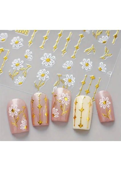 Gold Love Beyaz Çiçekli Tırnak Süsleme Stickerı Nail Art Süslemeleri fiyatları