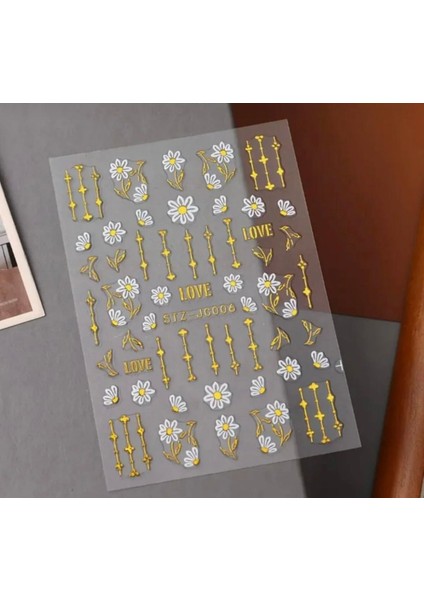 Gold Love Beyaz Çiçekli Tırnak Süsleme Stickerı Nail Art Süslemeleri modelleri