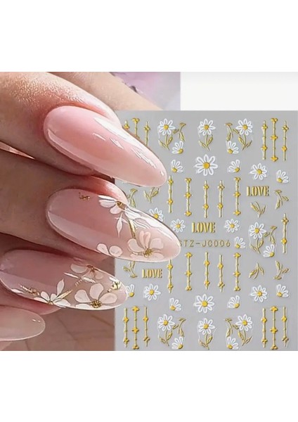 Gold Love Beyaz Çiçekli Tırnak Süsleme Stickerı Nail Art Süslemeleri fırsatları