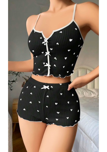 Kadın Siyah Kalp Desenli Askılı Şortlu Pijama Takım 5008