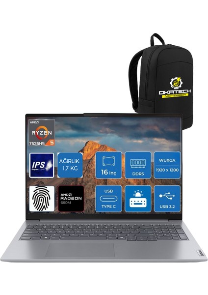 Thinkbook Ryzen 5 - 7535H 32 GB Ram 1 Tb Nvm SSD Fhd 16" W11 Pro Notebook + Okatech Çanta
