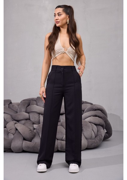 Kadın Yüksek Bel Likralı Geniş Paça Çımalı Rahat Kesim Pantolon
