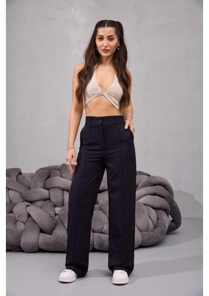 Kadın Yüksek Bel Likralı Geniş Paça Çımalı Rahat Kesim Pantolon