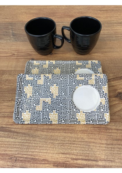 Keramika 2 Kişilik Stoneware Kahve Takımı 4 Parça – Siyah Sarı Geometrik Desen modelleri