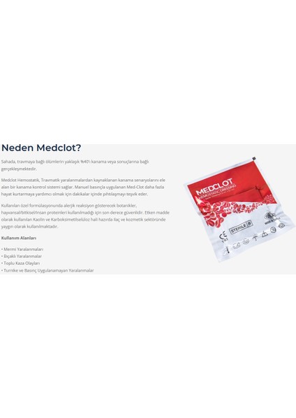 Hemostatik Steril Kanama Durdurucu Gazlı Bez Kaolin Ce Sertifikalı 7,5 x 61 cm (2 ft) Pansuman Bandaj Acil Durum Ilk Yardım Kanama Kontrolü