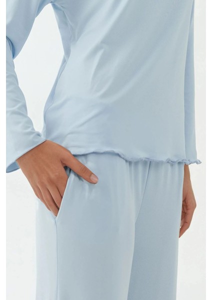 Kadın Yumuşak Dokulu Rahat Kesim Uzun Kollu Pijama Takımı Blue indirimleri