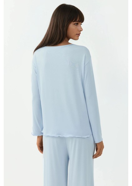 Kadın Yumuşak Dokulu Rahat Kesim Uzun Kollu Pijama Takımı Blue