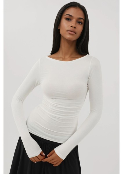 Kadın Soft Uzun Kollu Vücudu Saran Üst Busem Collection White