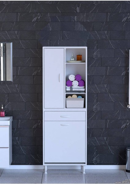 Asra 55X173X32,5CM 1 Çekmece, 1 Göz Sepet, 1 Kapak, 6 Gözlü Organizatör Mutfak Dolabı Çok Amaçlı Dolap