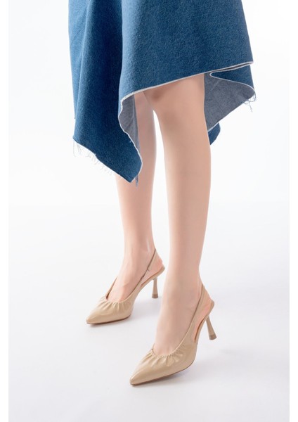 İNF-40451 Bej Kırışık Rugan Günlük Arkası Açık Topuklu Bayan Ayakkabı fiyatları