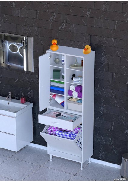 Asra 55X173X32,5CM 1 Çekmece, 1 Göz Sepet, 1 Kapak, 8 Gözlü Organizatör Mutfak Dolabı Çok Amaçlı Dolap