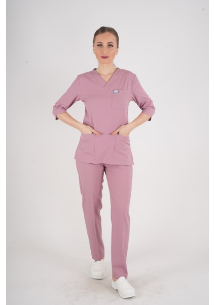 Unisex Pudra Violet Model Scrubs Takım Doktor Hemşire Üniforması