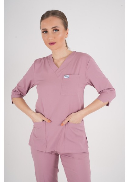 Unisex Pudra Violet Model Scrubs Takım Doktor Hemşire Üniforması fiyatları