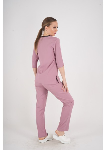 Unisex Pudra Violet Model Scrubs Takım Doktor Hemşire Üniforması