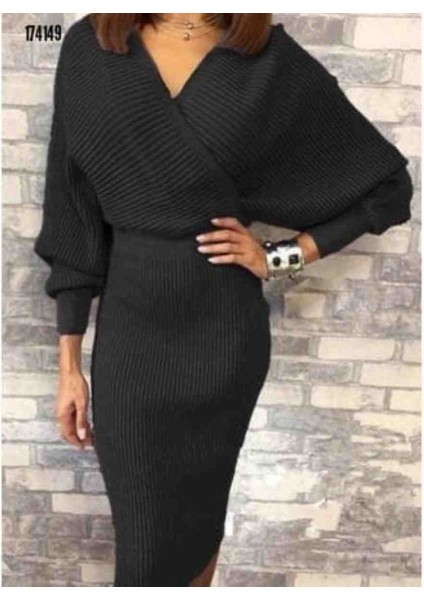 Kadın Uzun Kollu Kruvaze Yaka Triko Elbise, Kırmızı Gül Figürlü Kolye Hediye