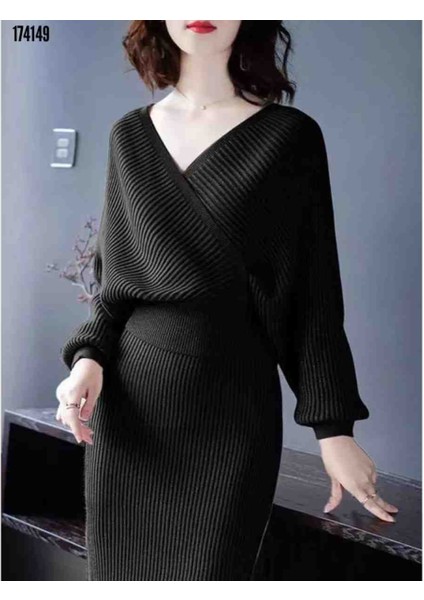 Kadın Uzun Kollu Kruvaze Yaka Triko Elbise, Kırmızı Gül Figürlü Kolye Hediye fiyatları