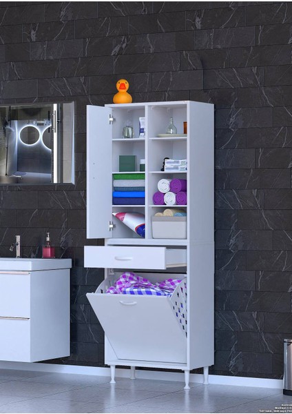Asra 60X173X32,5 cm – 1 Çekmece, 1 Kapak, 1 Sepet Gözlü, 8 Raflı Çok Amaçlı Mutfak Dolabı