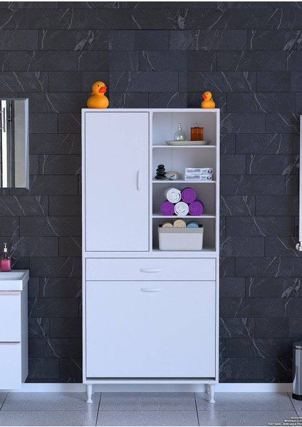 Asra 85X173X32,5CM 1 Çekmece, 2 Göz Sepet, 1 Kapak, 8 Raflı Organizatör Mutfak Dolabı Çok Amaçlı Dolap