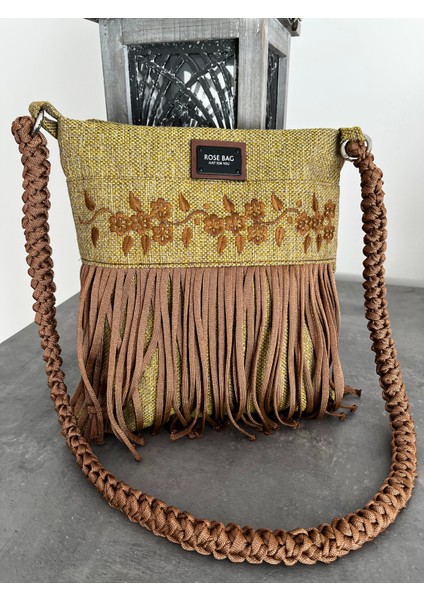 Nakışlı Hasır Kumaş Çapraz Çanta