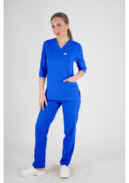 Unisex Saks Mavi Violet Model Scrubs Takım Doktor Hemşire Üniforması