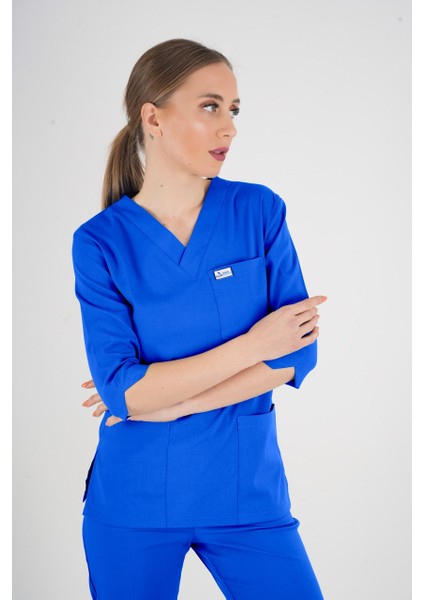 Unisex Saks Mavi Violet Model Scrubs Takım Doktor Hemşire Üniforması fırsatları
