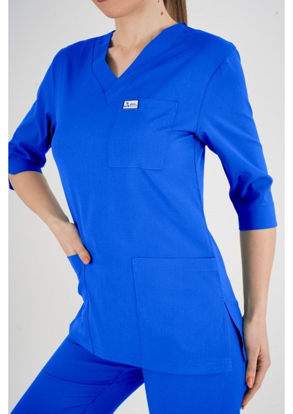 Unisex Saks Mavi Violet Model Scrubs Takım Doktor Hemşire Üniforması indirimleri