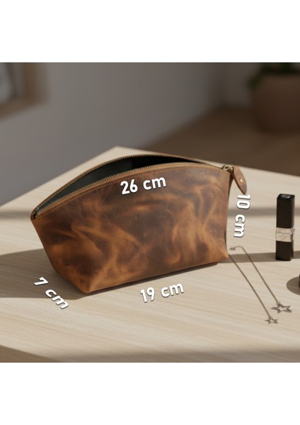 El Yapımı Lüks Hakiki Deri Makyaj Çantası | Çok Fonksiyonlu, Şık Seyahat Çantası, Kahverengi