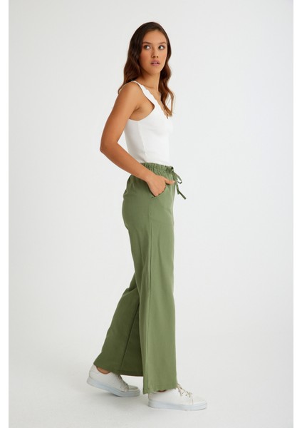 Tasarım Beli Lastikli Bağcıklı Keten Günlük Pantolon