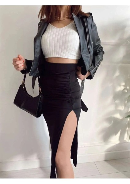 Siyah Büzgülü ve Yırtmaç Detaylı Candy Maxi Etek