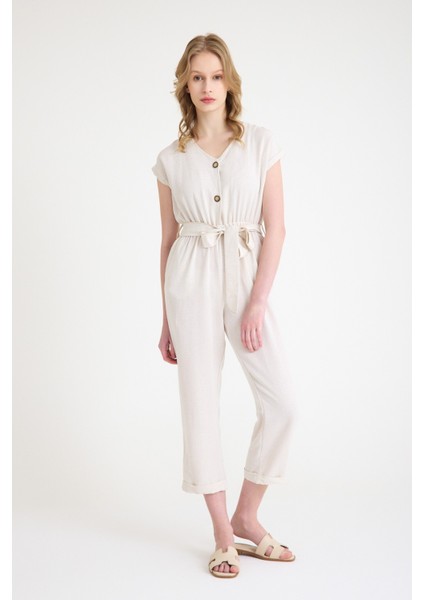 Keten Kadın V Yaka Tek Sıra Düğmeli Kolsuz Tulum