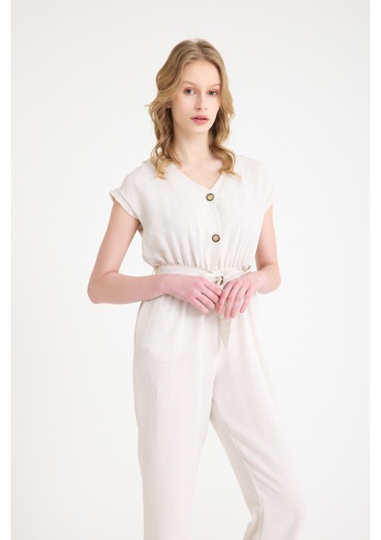 Keten Kadın V Yaka Tek Sıra Düğmeli Kolsuz Tulum