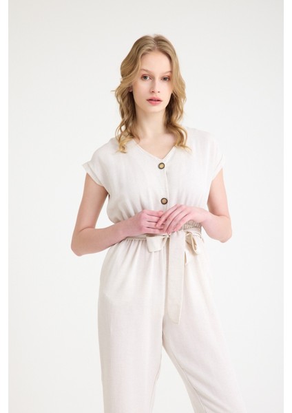 Keten Kadın V Yaka Tek Sıra Düğmeli Kolsuz Tulum