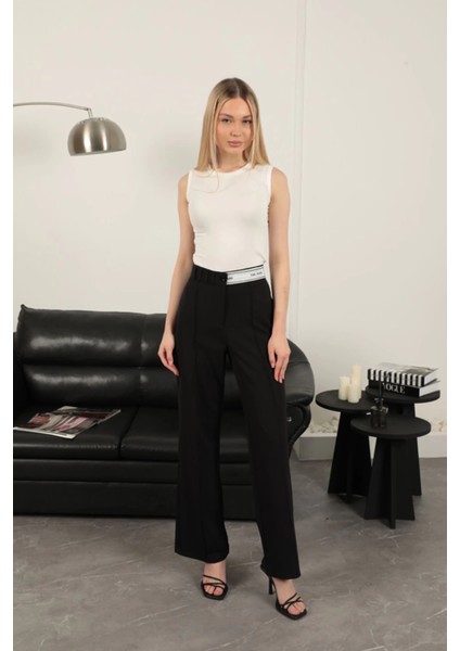 Atlas Kumaş Kemeri Taş Detaylı Pantolon-Siyah