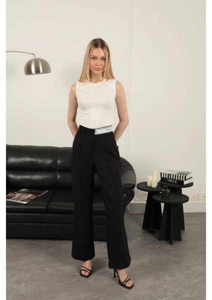 Atlas Kumaş Kemeri Taş Detaylı Pantolon-Siyah fiyatları