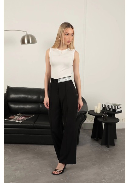 Atlas Kumaş Kemeri Taş Detaylı Pantolon-Siyah fırsatları