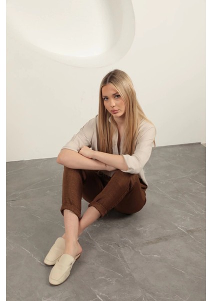 Sofia Keten Duble Paça Kadın Pantolon-Kahve