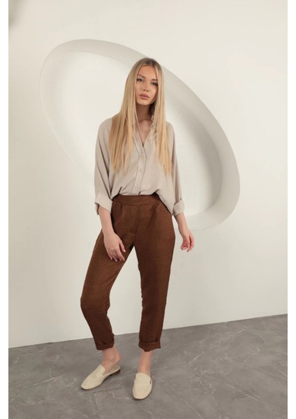 Sofia Keten Duble Paça Kadın Pantolon-Kahve fiyatları