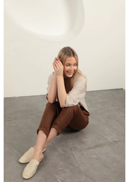 Sofia Keten Duble Paça Kadın Pantolon-Kahve modelleri