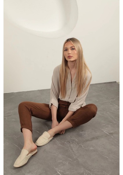 Sofia Keten Duble Paça Kadın Pantolon-Kahve fırsatları