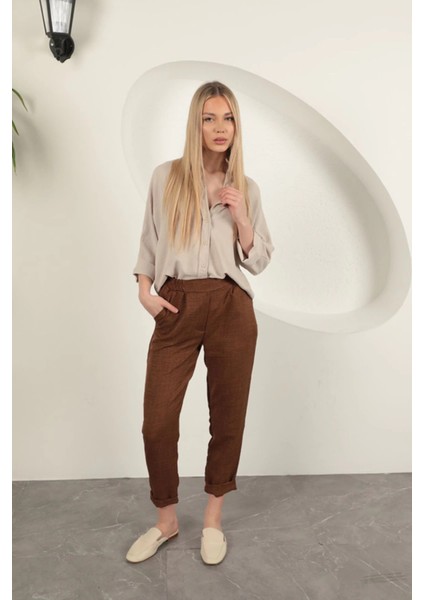Sofia Keten Duble Paça Kadın Pantolon-Kahve indirimleri