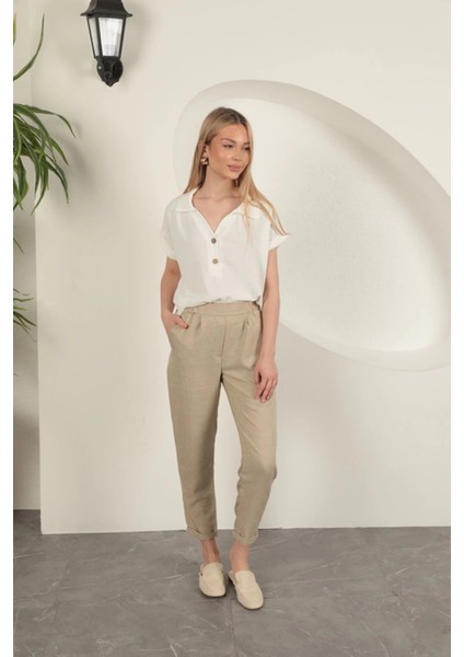 Sofia Keten Duble Paça Kadın Pantolon-Taş