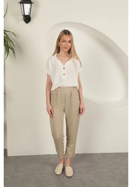 Sofia Keten Duble Paça Kadın Pantolon-Taş modelleri