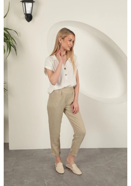 Sofia Keten Duble Paça Kadın Pantolon-Taş fırsatları