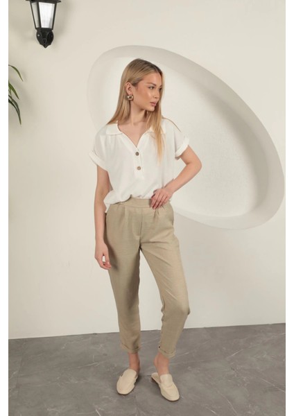 Sofia Keten Duble Paça Kadın Pantolon-Taş indirimleri
