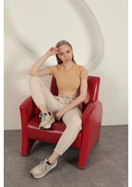 Gabardin Kumaş Paçası Lastikli Kadın Pantolon-Taş fiyatları