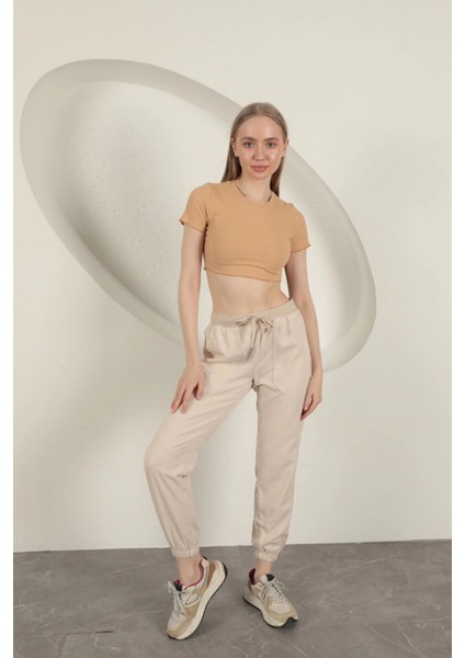 Gabardin Kumaş Paçası Lastikli Kadın Pantolon-Taş fırsatları