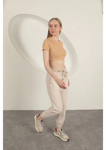 Gabardin Kumaş Paçası Lastikli Kadın Pantolon-Taş indirimleri